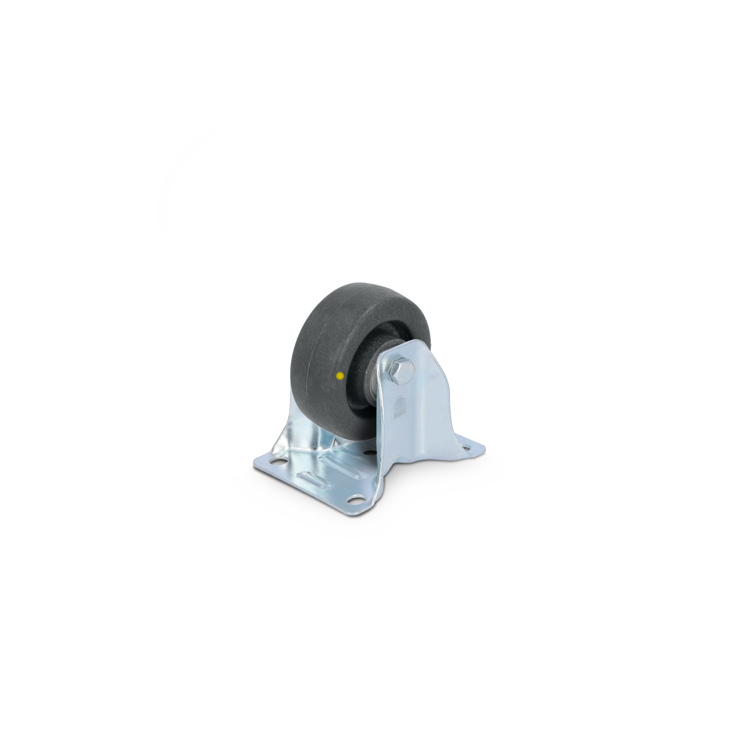 Zwarte zwenkwiel met een metalen montageplaat. Het wiel heeft een rubberen buitenlaag en is ontworpen voor soepel draaien. Het staat op een lichte achtergrond.