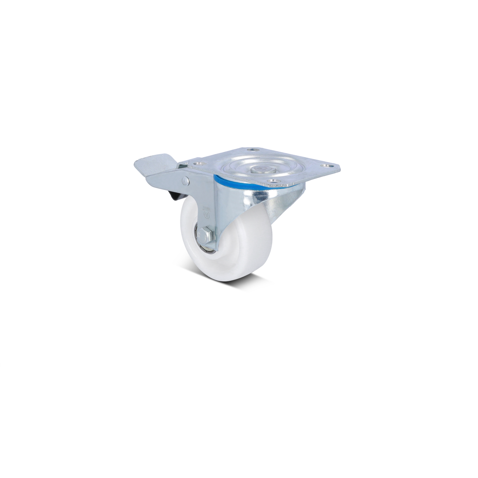 A swivel castor with a white plastic wheel is mounted on a metallic plate. The plate features a curved edge and multiple mounting holes, designed for mobility and attachment in industrial settings.