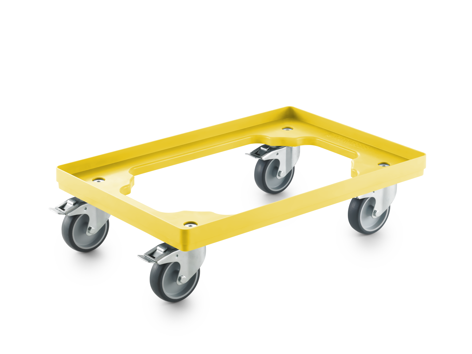 A rectangular yellow transport trolley features four swivel castors. It has a sturdy frame for carrying items, with each wheel designed for smooth movement in various settings.