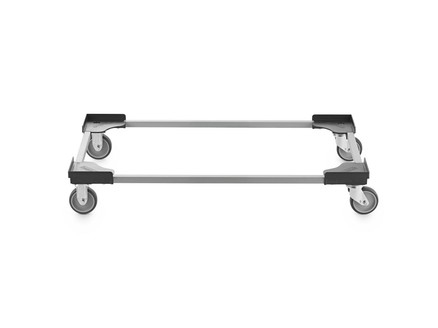 A transport trolley features a rectangular metal frame with four swivel castors. The castors are mounted on each corner, allowing mobility. The surface is empty, against a plain background.