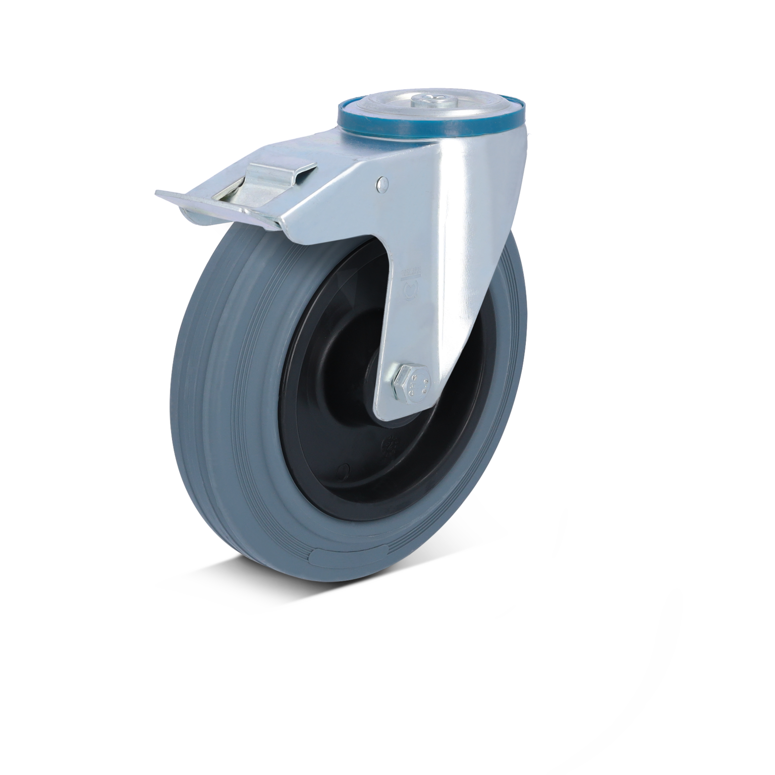 Zwenkwiel met een grijze rubberen band en zwarte kunststof kern, gemonteerd op een metalen bevestigingsplaat. Het is gepositioneerd tegen een neutrale achtergrond.