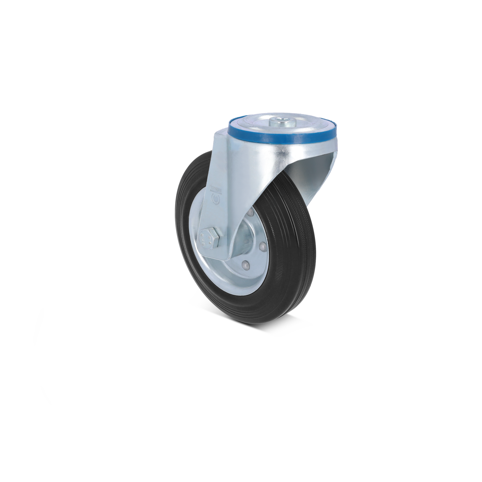Zwart rubberwiel met een metalen montagedeel en een blauwe ring, gepositioneerd om de zijkant te tonen. Het geheel is bedoeld voor gebruik in industriële toepassingen en materialenhandling.