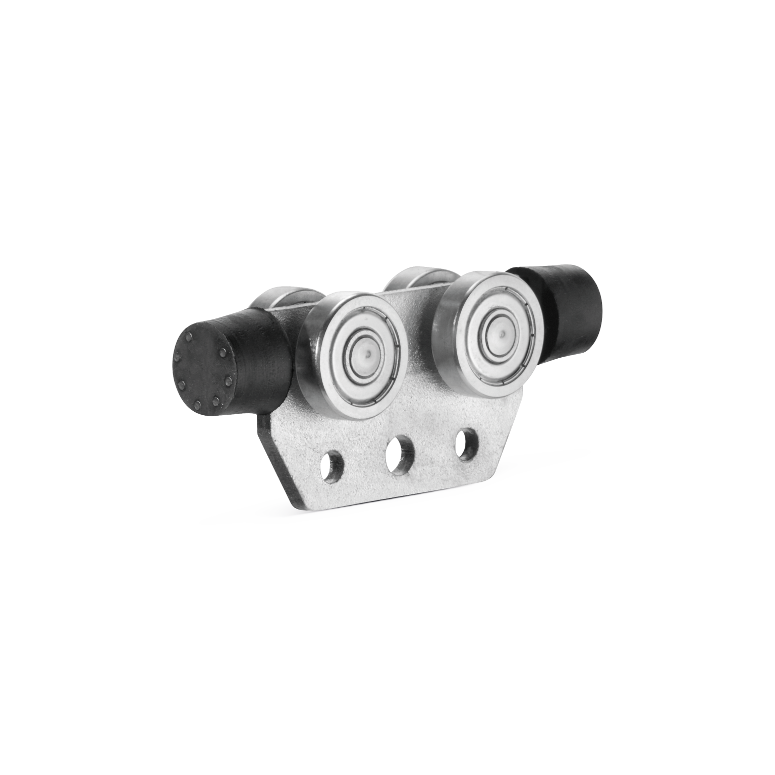 Zwei kugelgelagerte Rollen aus Metall sind auf einer metallischen Halterung montiert, die drei Befestigungslöcher aufweist. Der Hintergrund ist neutral und hebt das Produkt hervor.