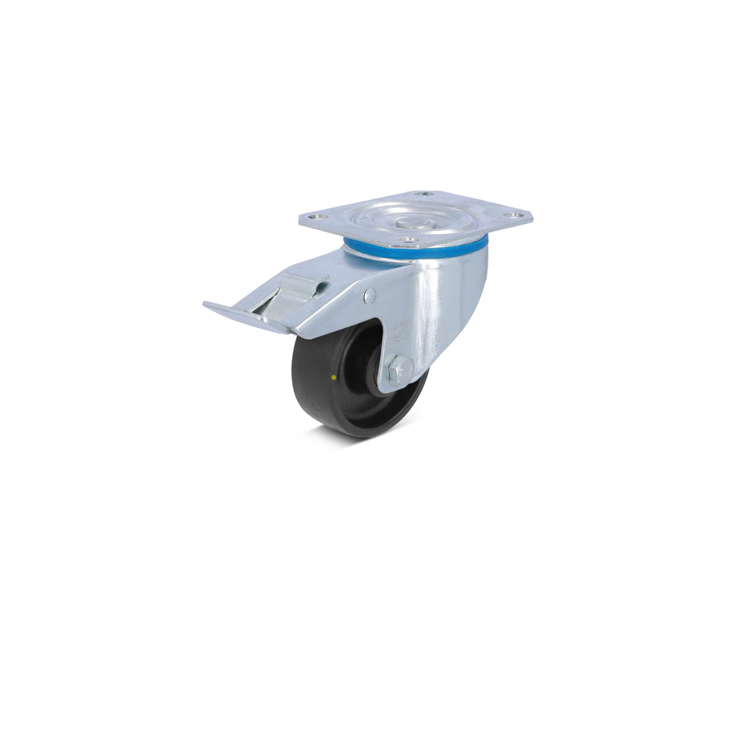 Zwenkwiel met een zwarte rubberen loopstaaf, metalen montageplaat en een blauwe ring. Het wiel is schuin gepositioneerd op een neutrale achtergrond.