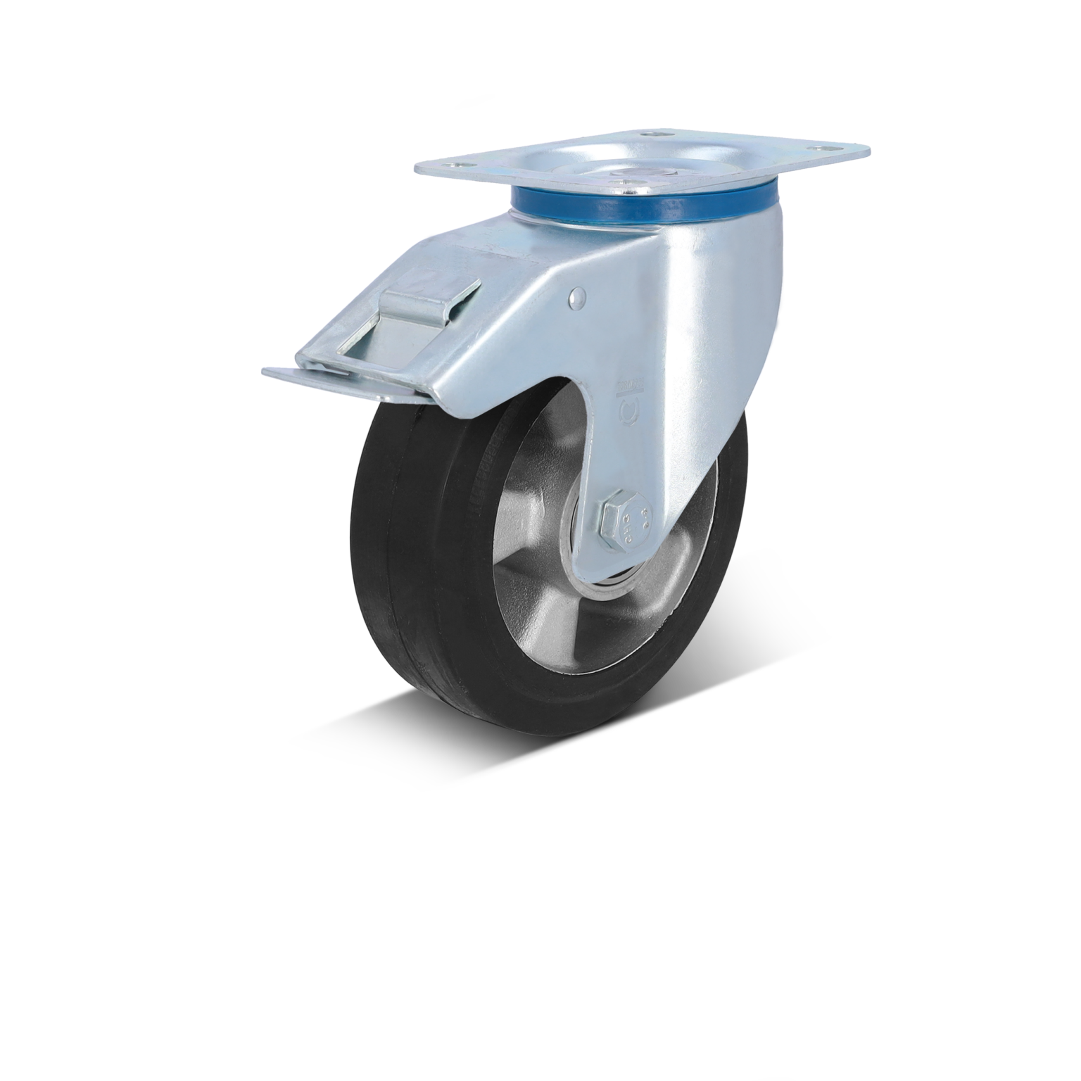 Zwenkwiel met metalen bevestigingsplaat en rubberen band. Het wiel heeft een zilverkleurige afwerking en is geïnstalleerd voor mobiliteit van transporttrolleys of industriële apparatuur.