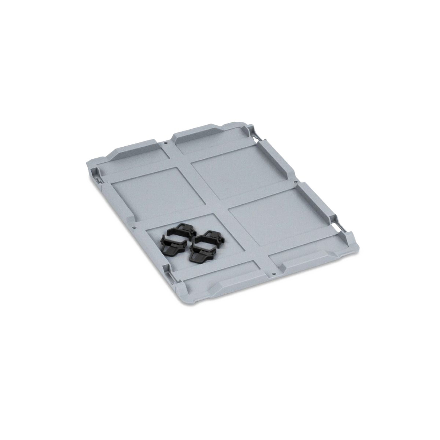 Gray plastic pallet base with two black securing clips attached. The pallet has a flat surface divided into sections, suitable for transporting or storing items. The background is a neutral, blank space.