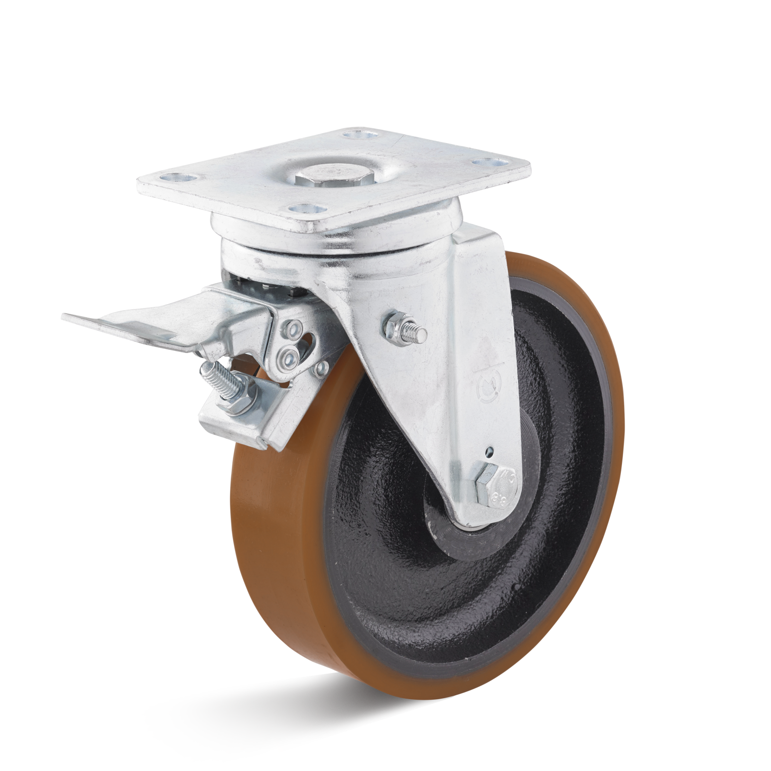 Vastgestelde zwenkwiel met een stevige metalen bevestigingsplaat en een zwart-witte rubberen band. Het wiel heeft een vergrendelingsmechanisme aan de zijkant voor stabiliteit en is ideaal voor zwaar materieel.