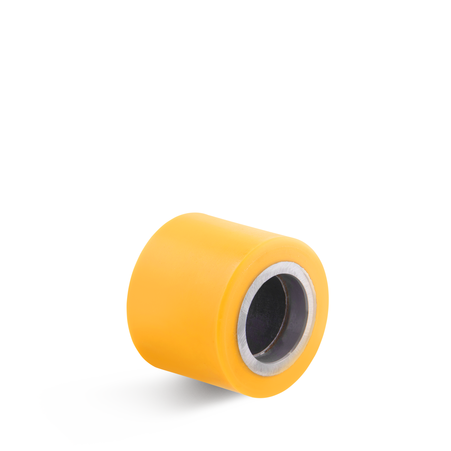 Geel rubber wiel met een metalen hoezen in het midden. Het wiel is plat aan de zijkanten en heeft een glad oppervlak, geplaatst op een lichte achtergrond.
