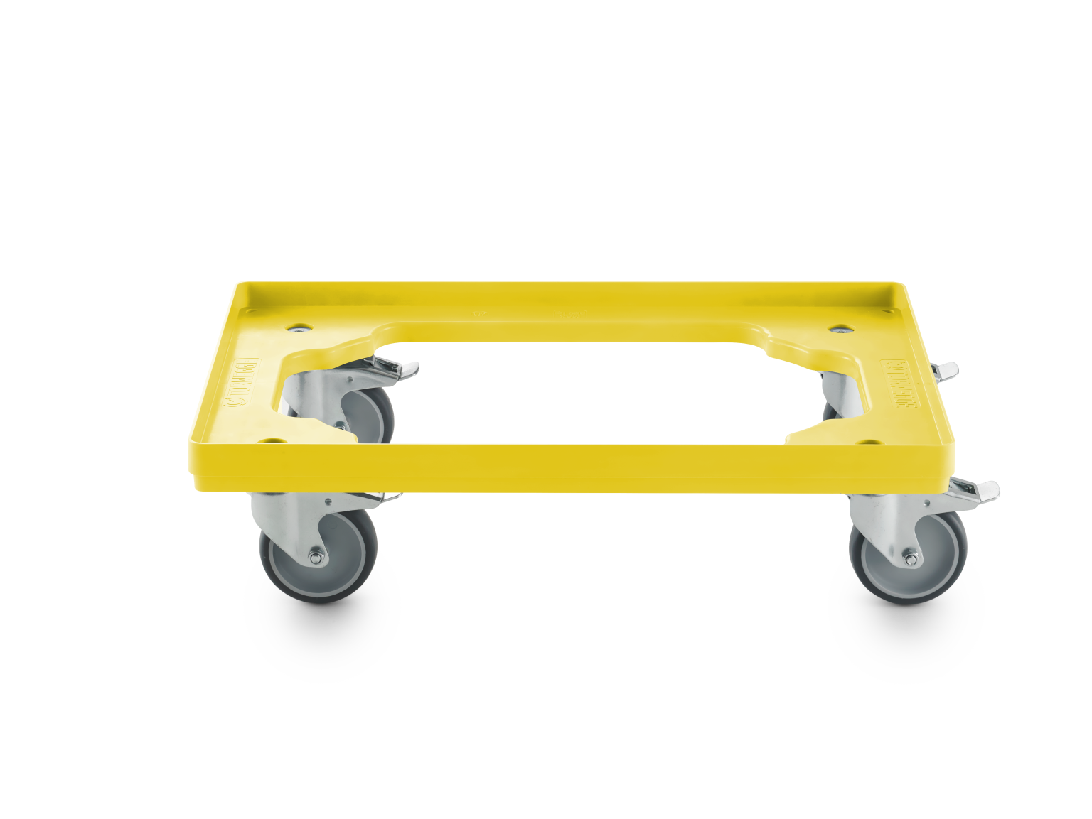 A yellow transport dolly with a flat base and handles features four swivel castors. It is positioned on a neutral background, emphasizing its design and functionality for material handling.
