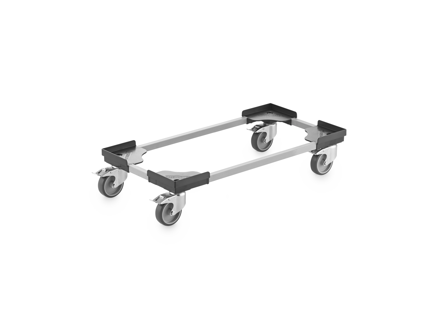 A rectangular transport dolly features four swiveling wheels mounted at each corner, made with a sturdy frame and plastic corner brackets. It appears positioned on a plain background.