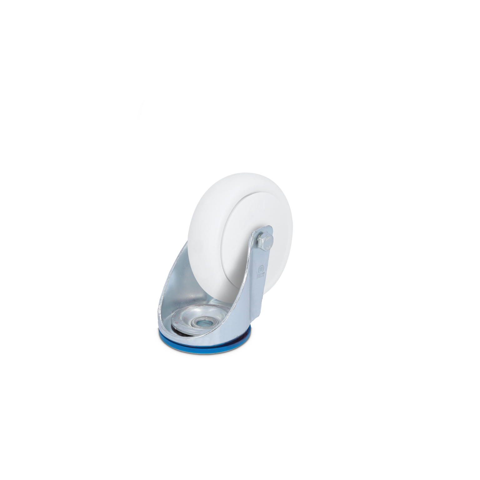 A white wheel castor is mounted on a silver metal bracket with a horizontal rotation. The wheel is smooth and suitable for industrial applications, set against a plain background.