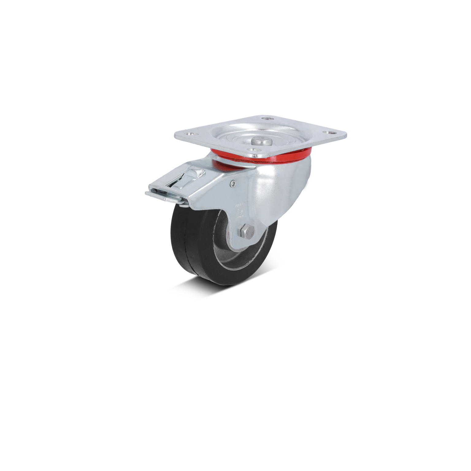 A swivel castor with a black rubber wheel is mounted on a metal plate. The castor features a metal housing with a red ring around the wheel-s base. The background is plain.