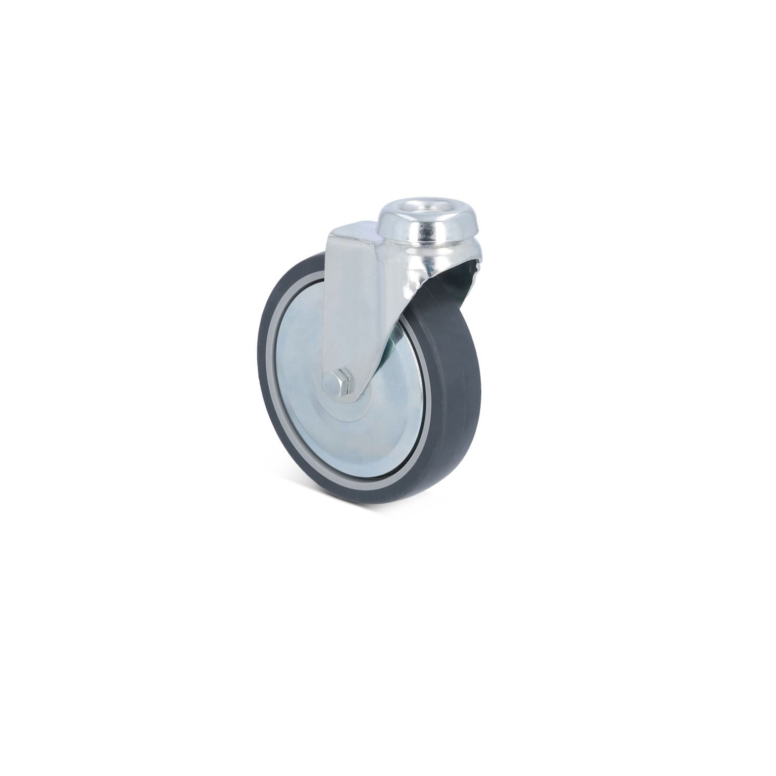 A black rubber wheel with a silver metal swivel mount is prominently displayed. The wheel features a smooth surface and a metallic inner rim, designed for various industrial uses.