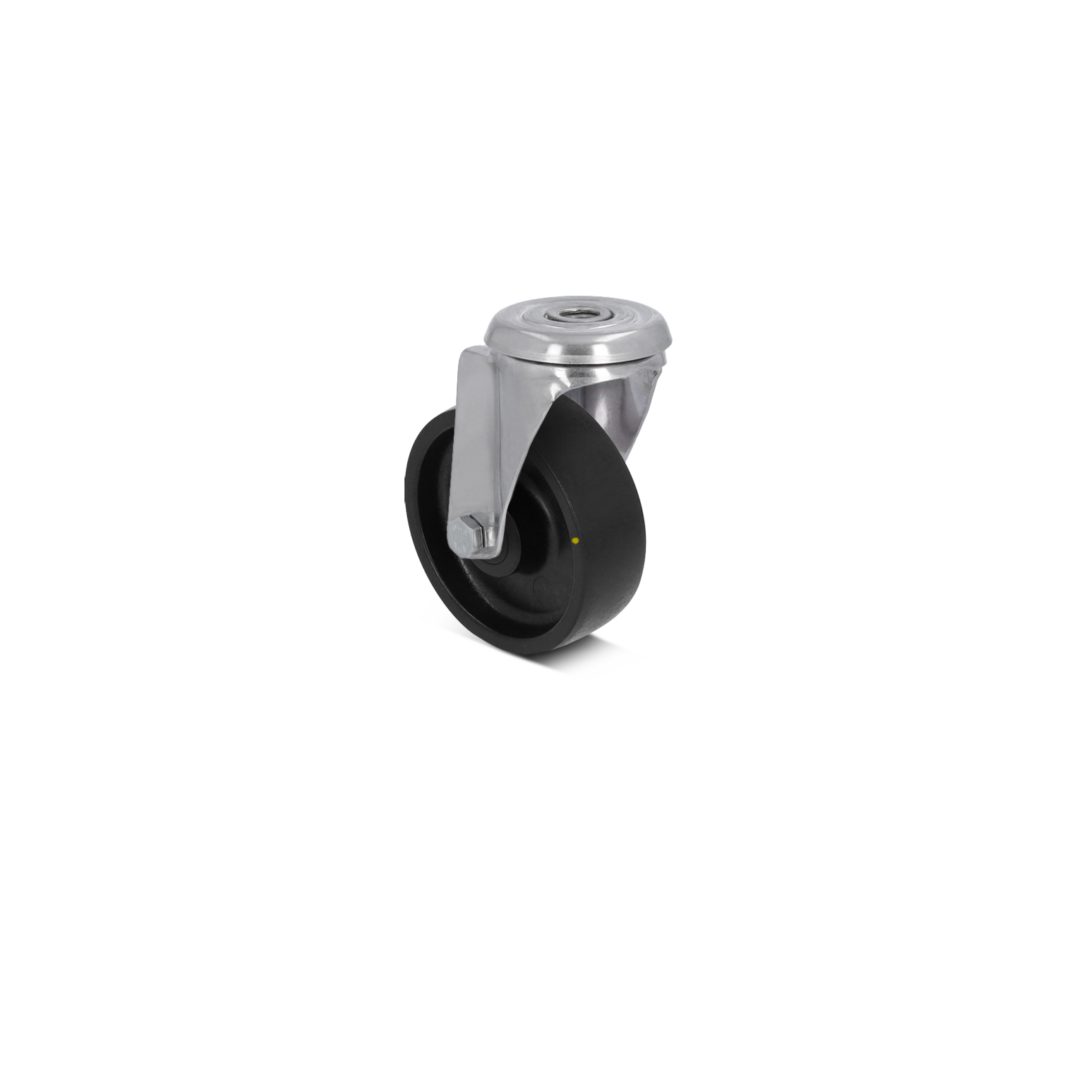 Black industrial wheel mounted on a metal swivel assembly. The wheel features a smooth surface and is attached via a central plate with a threaded socket. The background is plain.