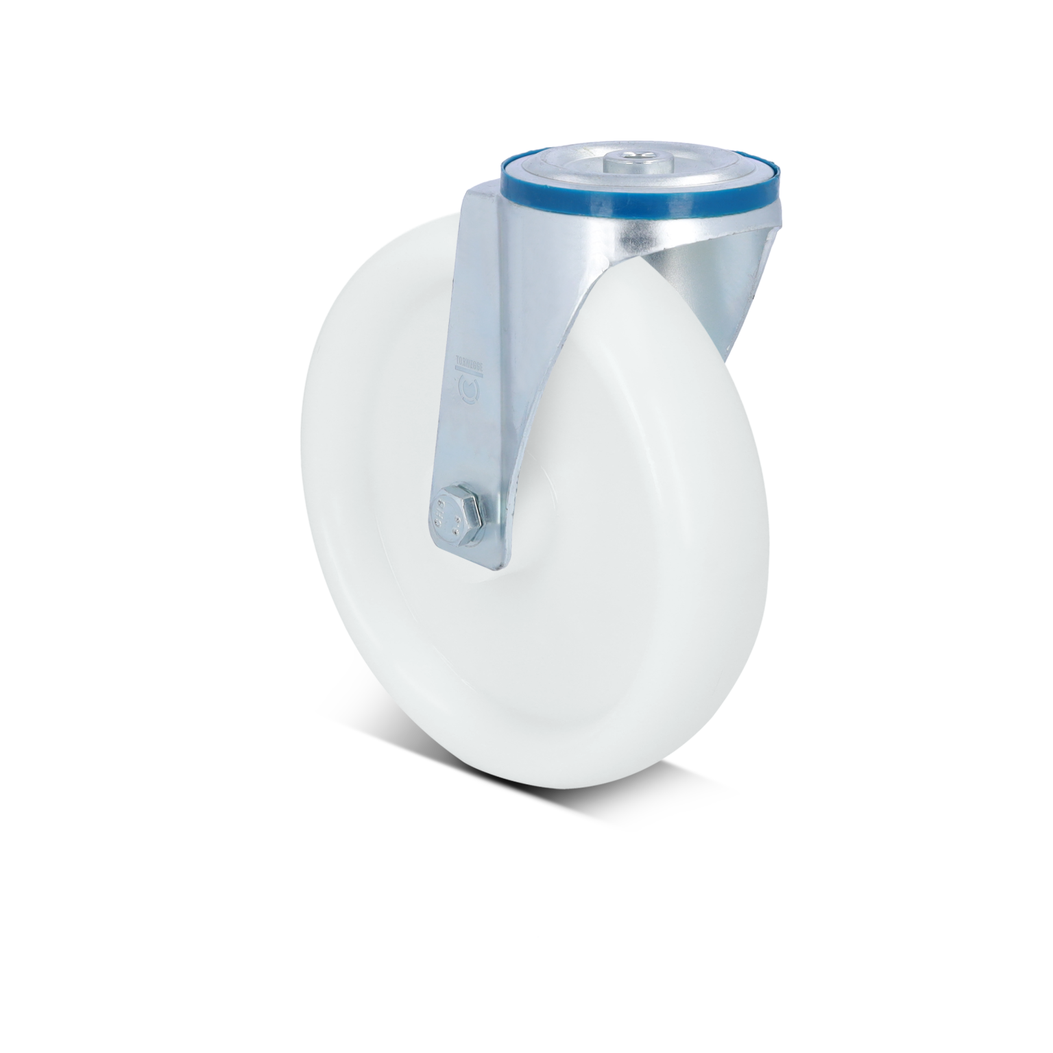 Industrie-Rad mit glattem, weißem Gummi und einem metallischen Halter aus verchromtem Stahl. Es hat eine befestigte Montageplatte und ist auf einem einfarbigen schwarzen Hintergrund positioniert.