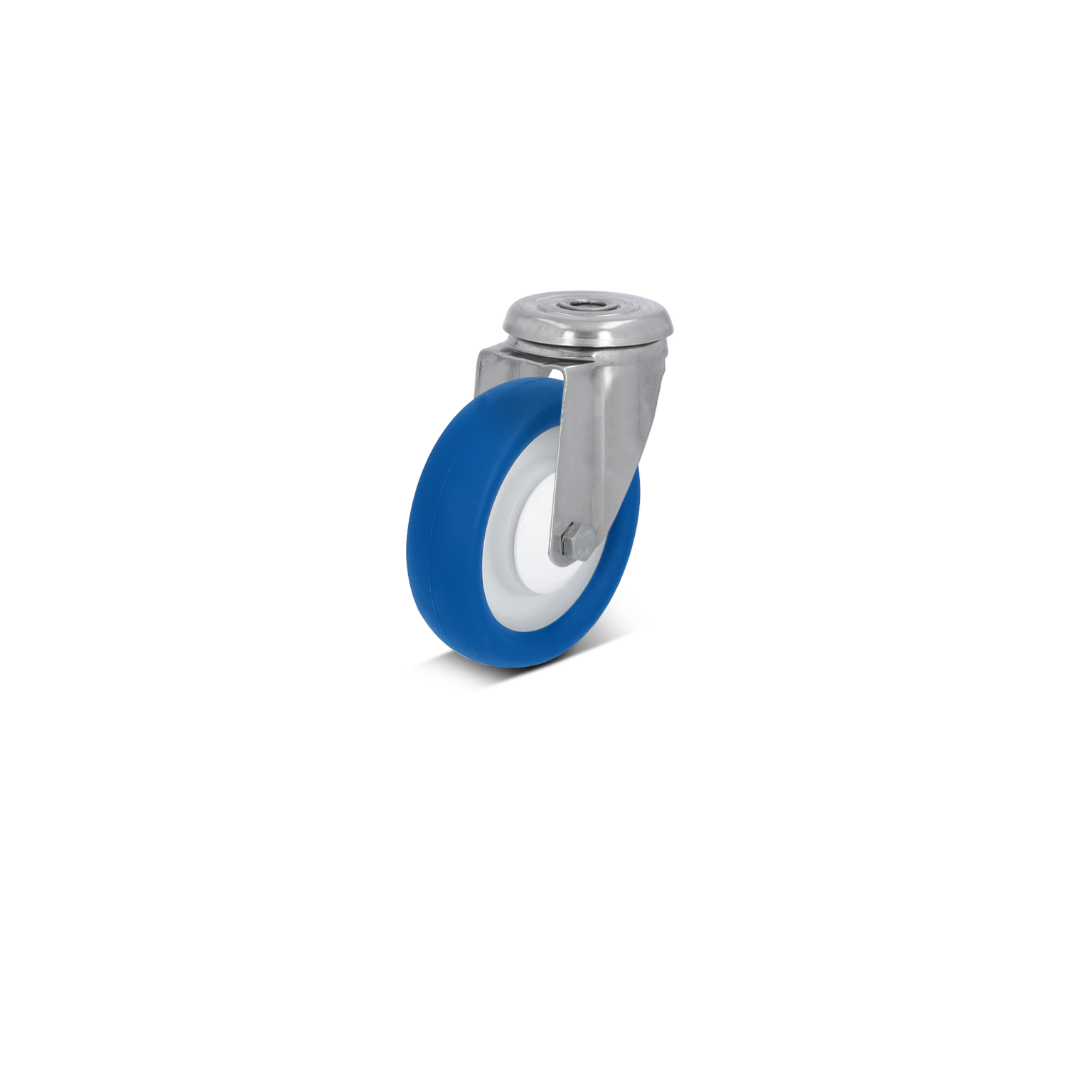 Blauwe rubberen wiel met een witte rand, bevestigd aan een metalen bevestigingsplaat. Het wiel is ontworpen voor gebruik in industriële toepassingen en staat op een zwarte achtergrond.