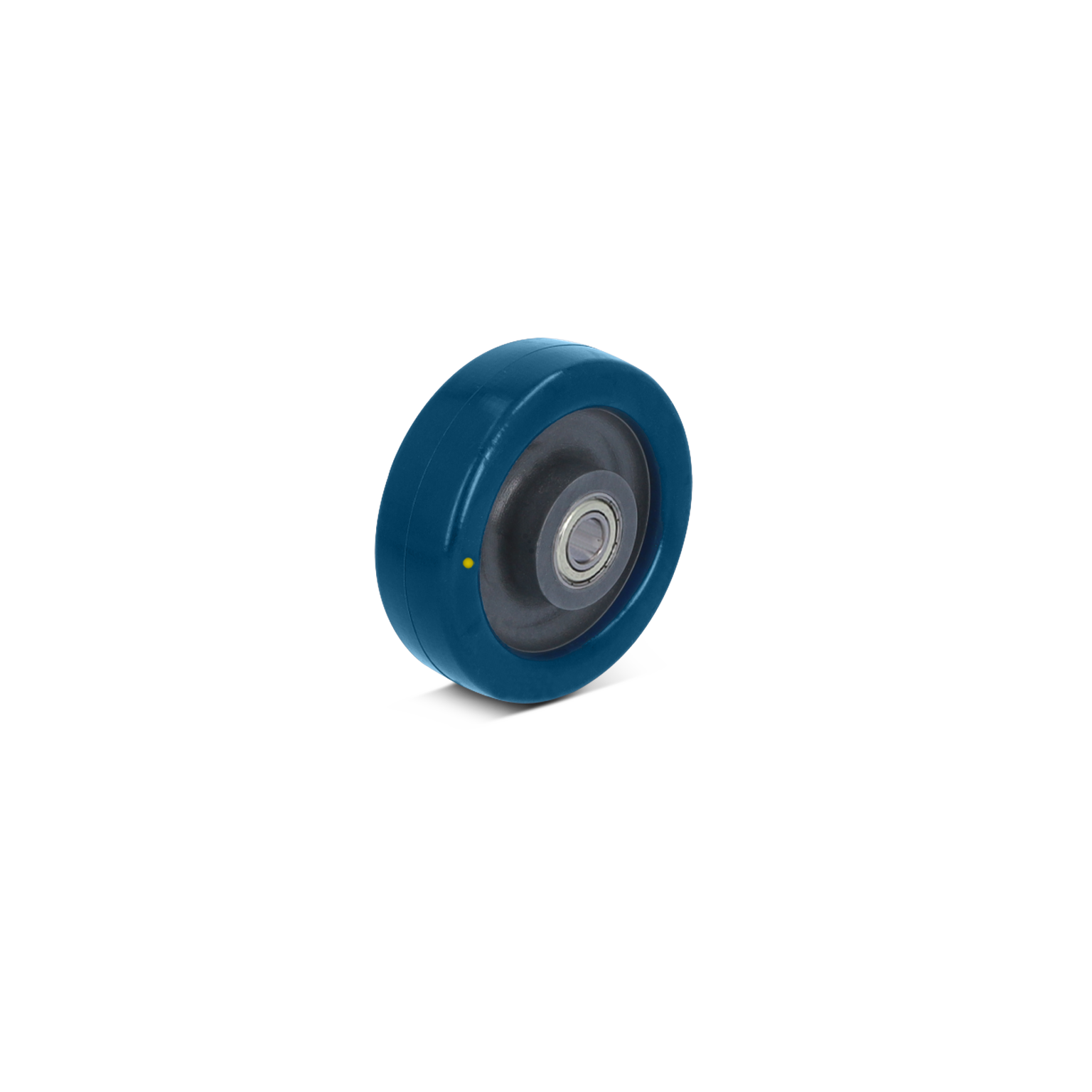 Blauwe rol met een rubberen loopvlak en een metalen lager in het midden. De rol is eenvoudig geplaatst op een neutrale achtergrond zonder verdere contextuele elementen.