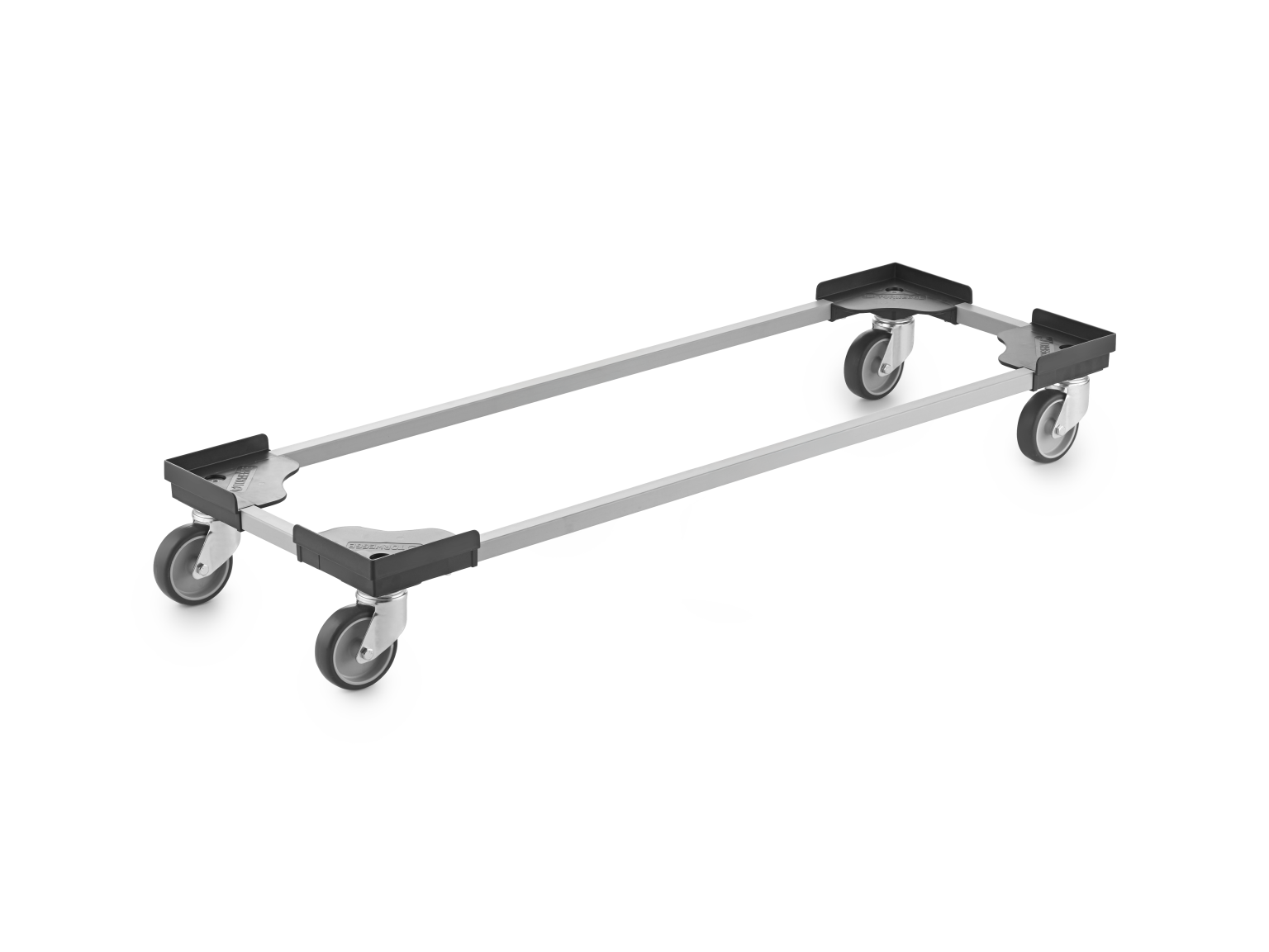 A transport trolley with a rectangular frame, featuring four swivel castors at each corner. The structure is metallic with black plastic corners, set against a plain background.