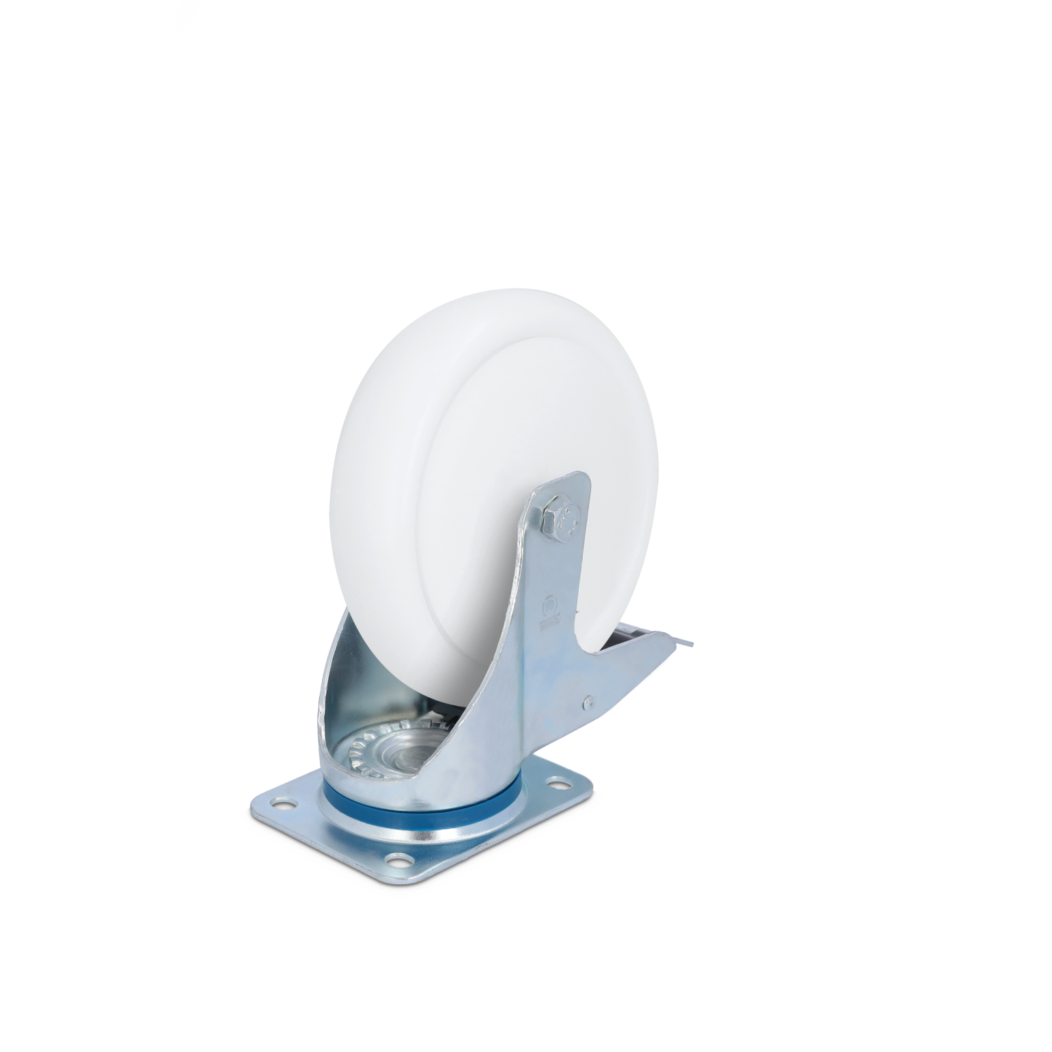 A white industrial wheel mounted on a metal swivel bracket. It features a smooth surface and bearings, positioned on a square base plate with holes for attachment. The background is plain.