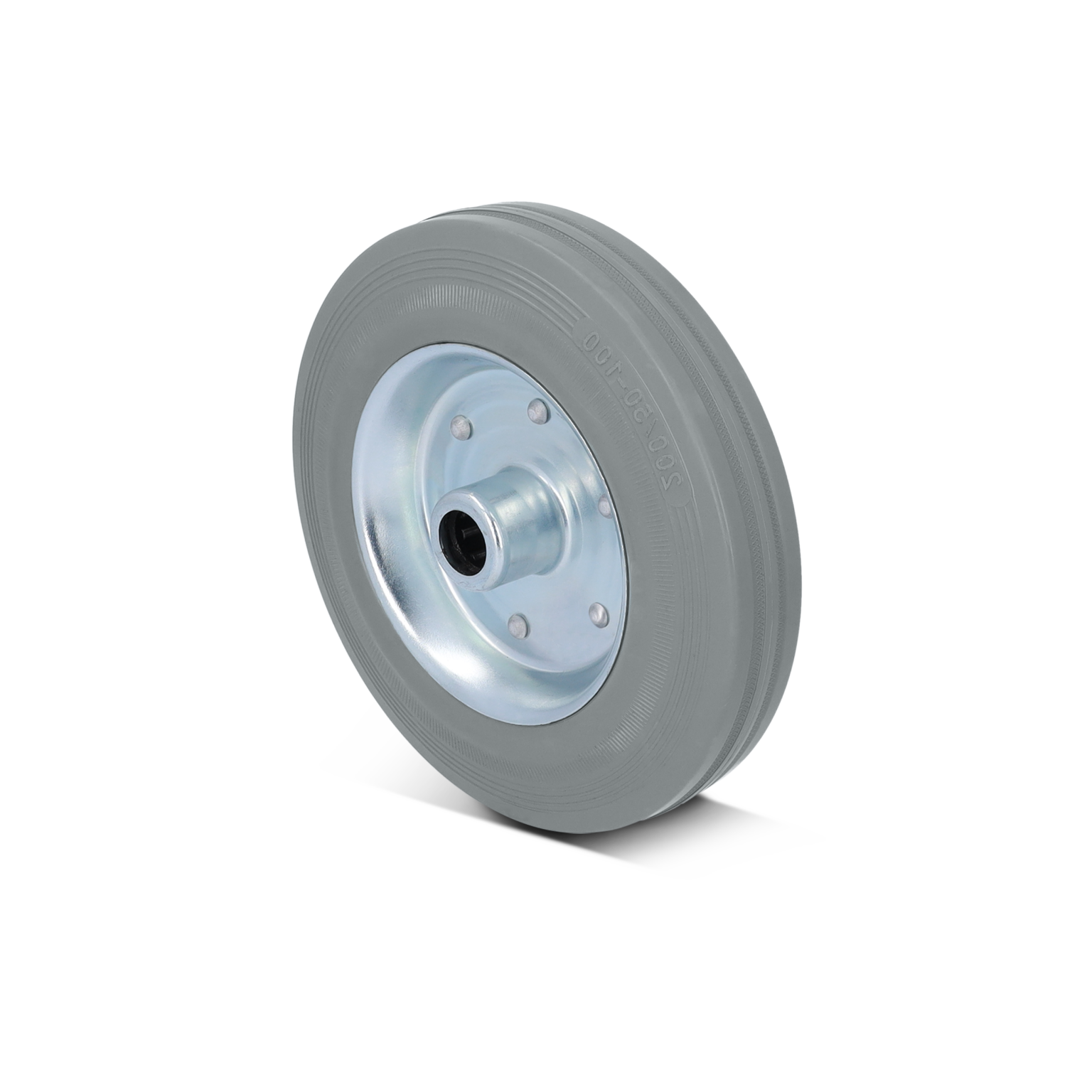 Rubber wiel met een metalen centrale hub, zichtbaar met bevestigingsgaten. Het ontwerp heeft een gladde, grijze band en een glanzende metalen binnenkant, geplaatst tegen een neutrale achtergrond.