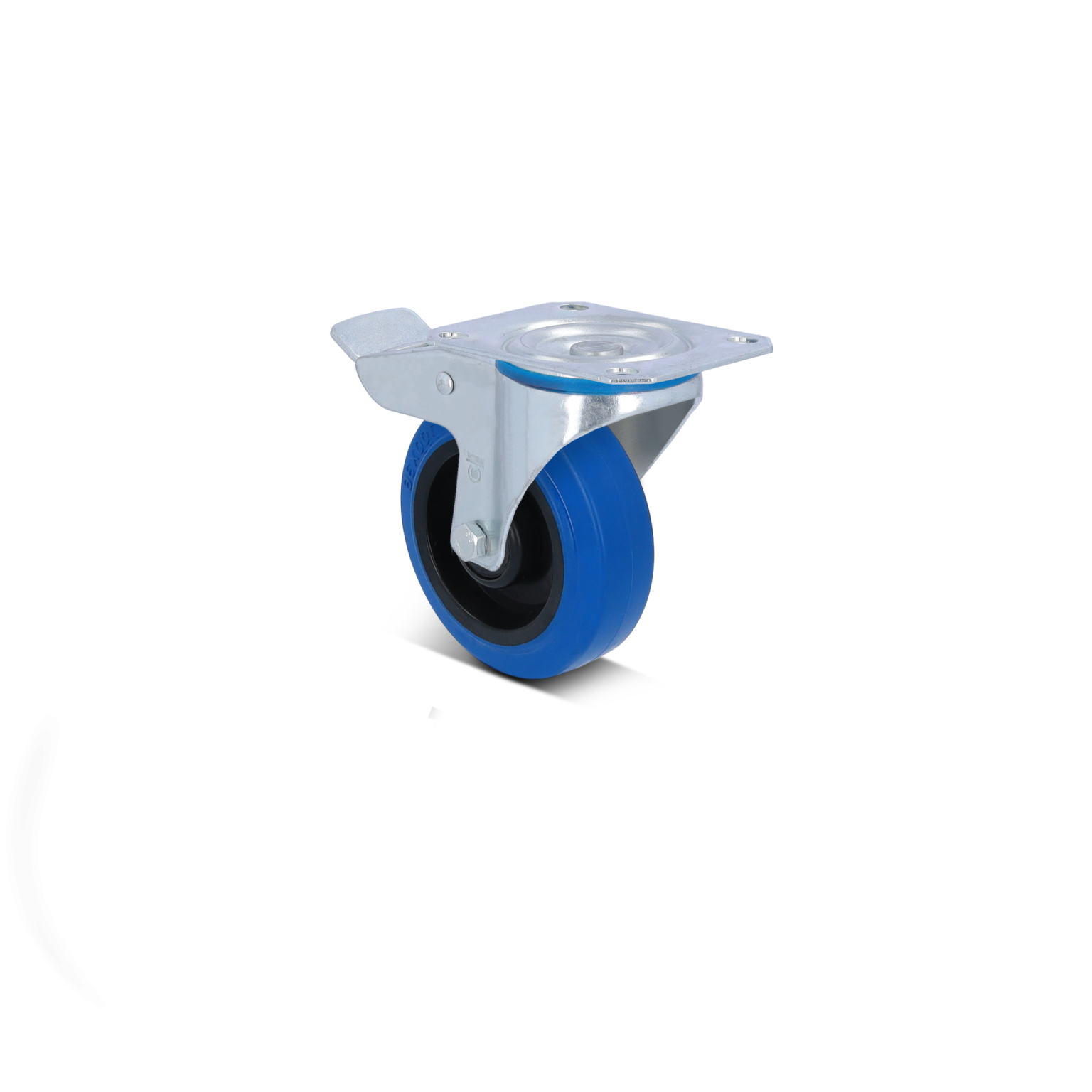 Ein blauer Gummi-Rad mit einer silbernen Metallhalterung ist sichtbar. Der Rad ist auf einem montierten Plattenspieler positioniert. Der Kontext ist ein neutraler, unauffälliger Hintergrund.