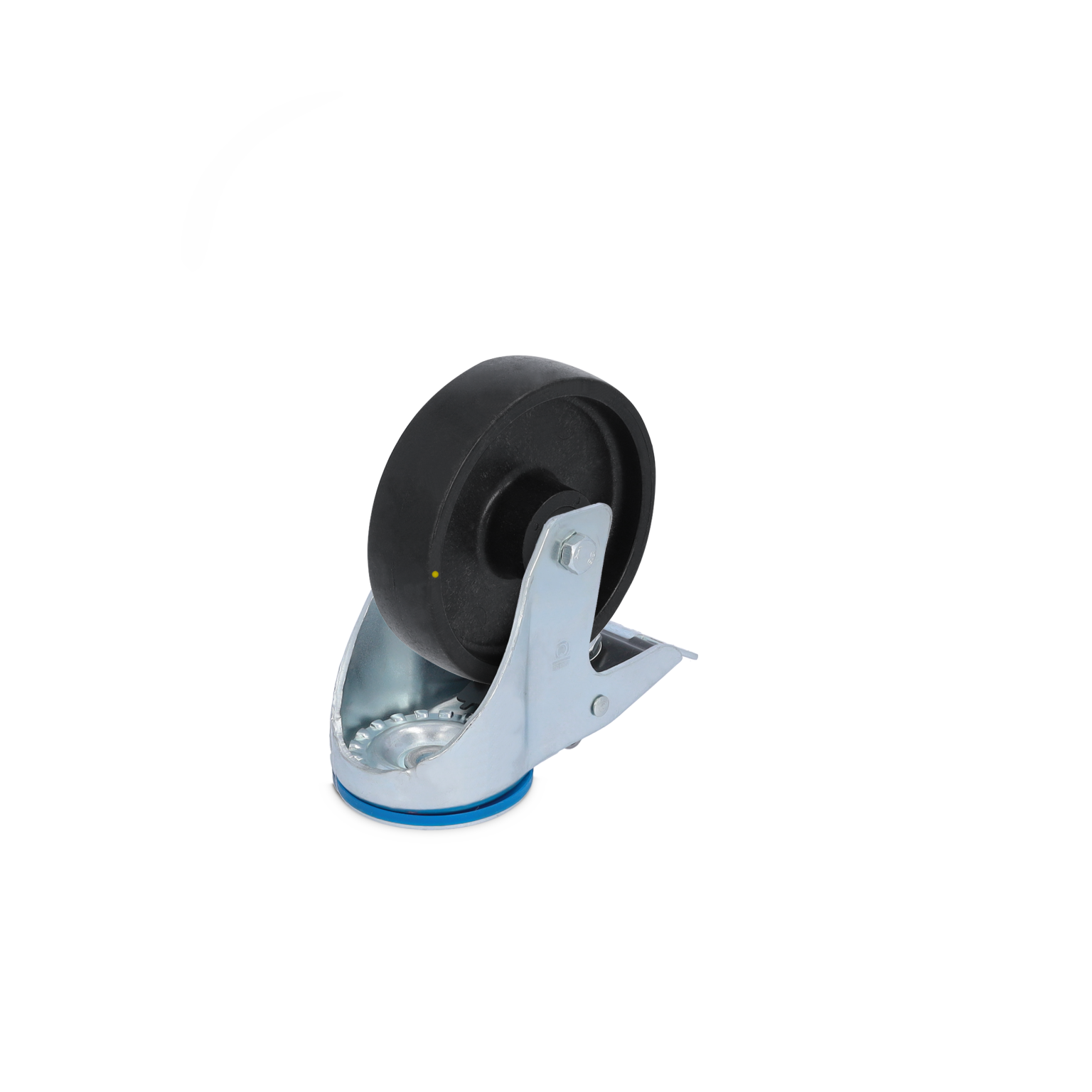 Zwart rubber wiel bevestigd aan een metalen draaiplateau met een glanzende afwerking. Het wiel is ontworpen voor gebruik in industriële toepassingen en staat op een neutrale achtergrond.