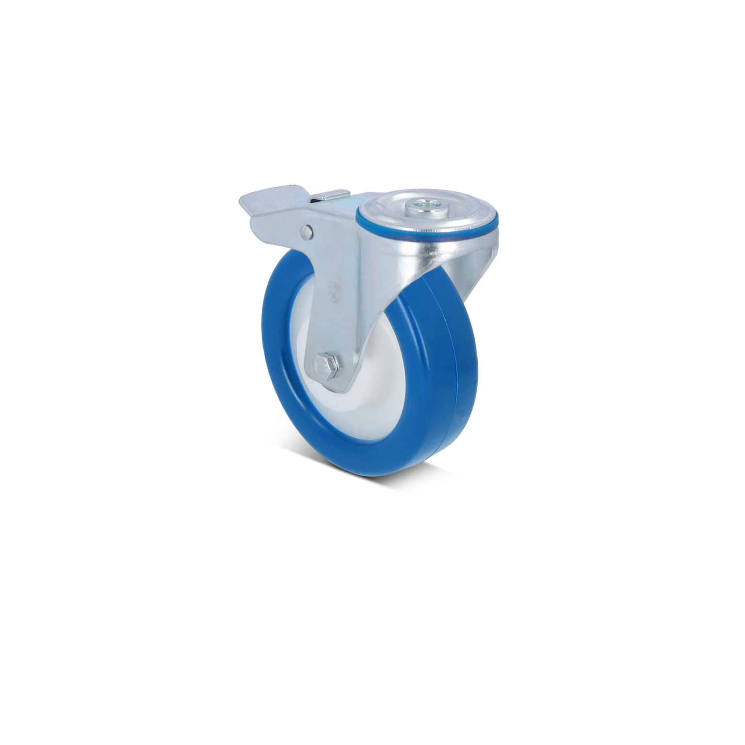 Een industrielle castor met een blauwe rubberen band en een metalen montageplaat. De castor is ontworpen voor wendbaarheid en wordt weergegeven op een neutrale achtergrond.