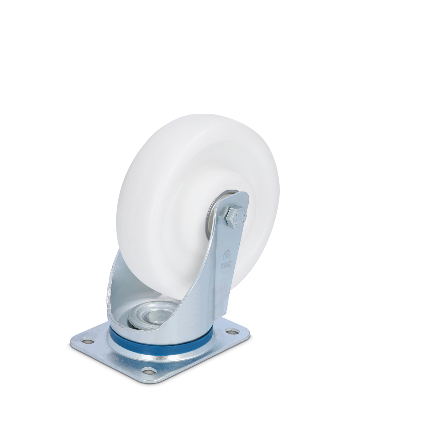 Industrial swivel castor features a white plastic wheel mounted on a metal bracket with a blue accent. The bracket has a square mounting plate with four holes for attachment. The background is plain black.