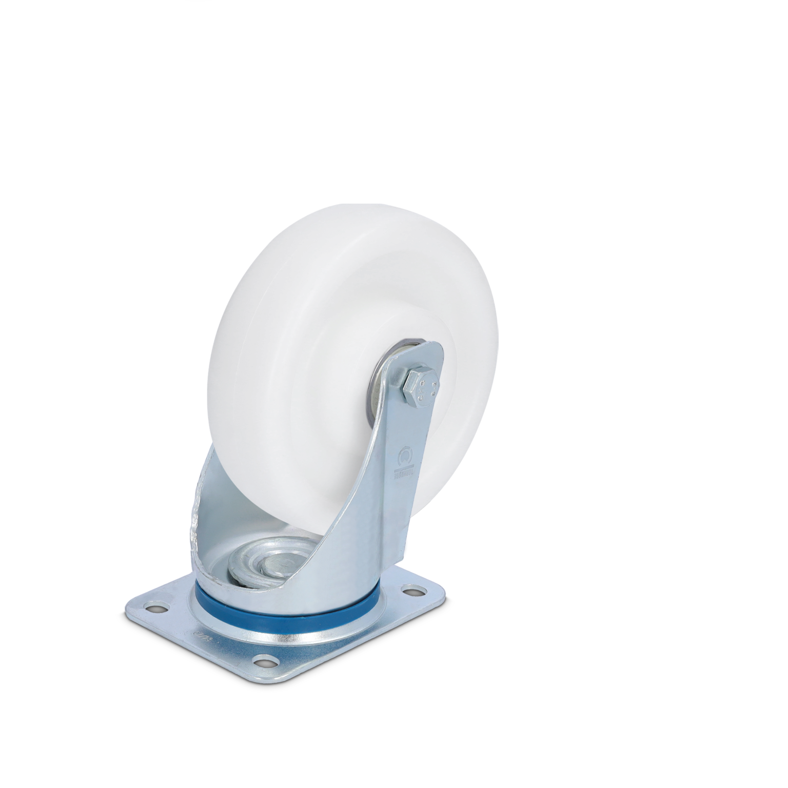 Industrial swivel castor features a white plastic wheel mounted on a metal bracket with a blue accent. The bracket has a square mounting plate with four holes for attachment. The background is plain black.