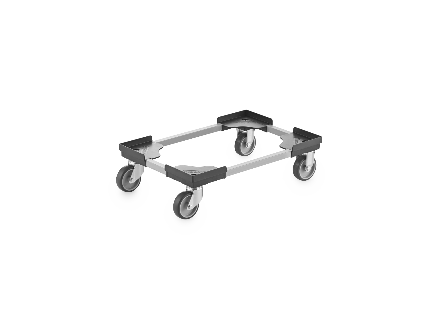 Transport trolley with a metal frame and plastic corners, featuring four swivel castors for mobility. Positioned on a blank background, it is designed for moving goods in an industrial setting.