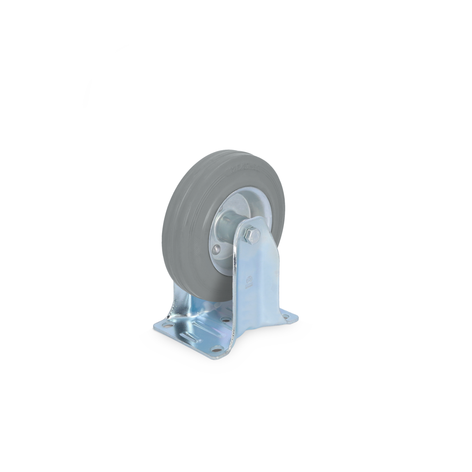 A gray rubber wheel is mounted on a shiny metal swivel bracket with a flat base that has multiple mounting holes. The component is displayed against a light background, emphasizing its industrial design.