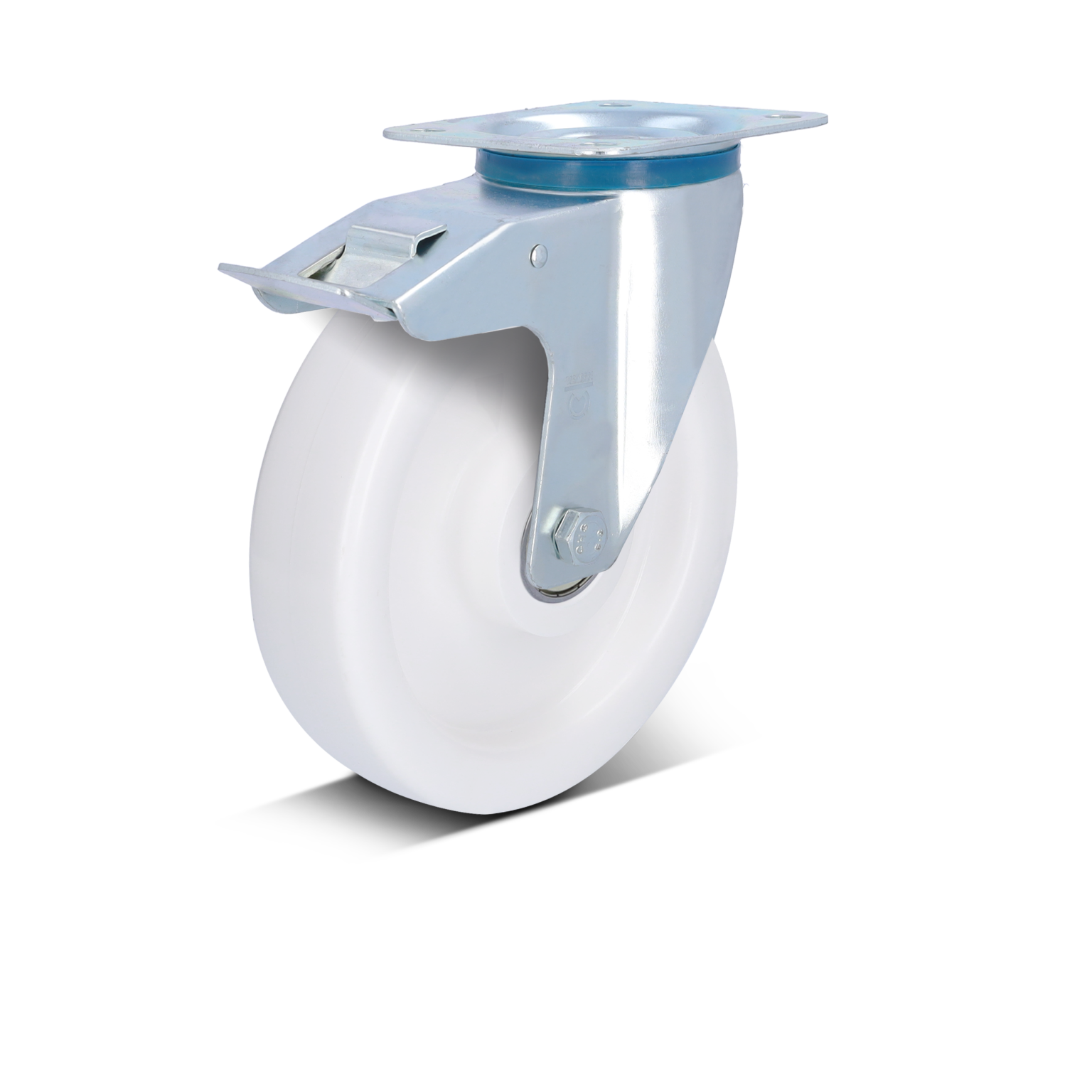 A swivel castor with a white plastic wheel and a silver metal mounting plate is depicted. The wheel is positioned upright, showcasing its smooth surface and a central bolt for attachment. The background is blank.