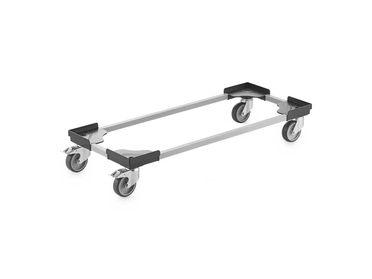 A transport dolly features a rectangular metal frame with four swivel wheels. The frame is designed for stability, and the wheels enable easy maneuverability in industrial settings.