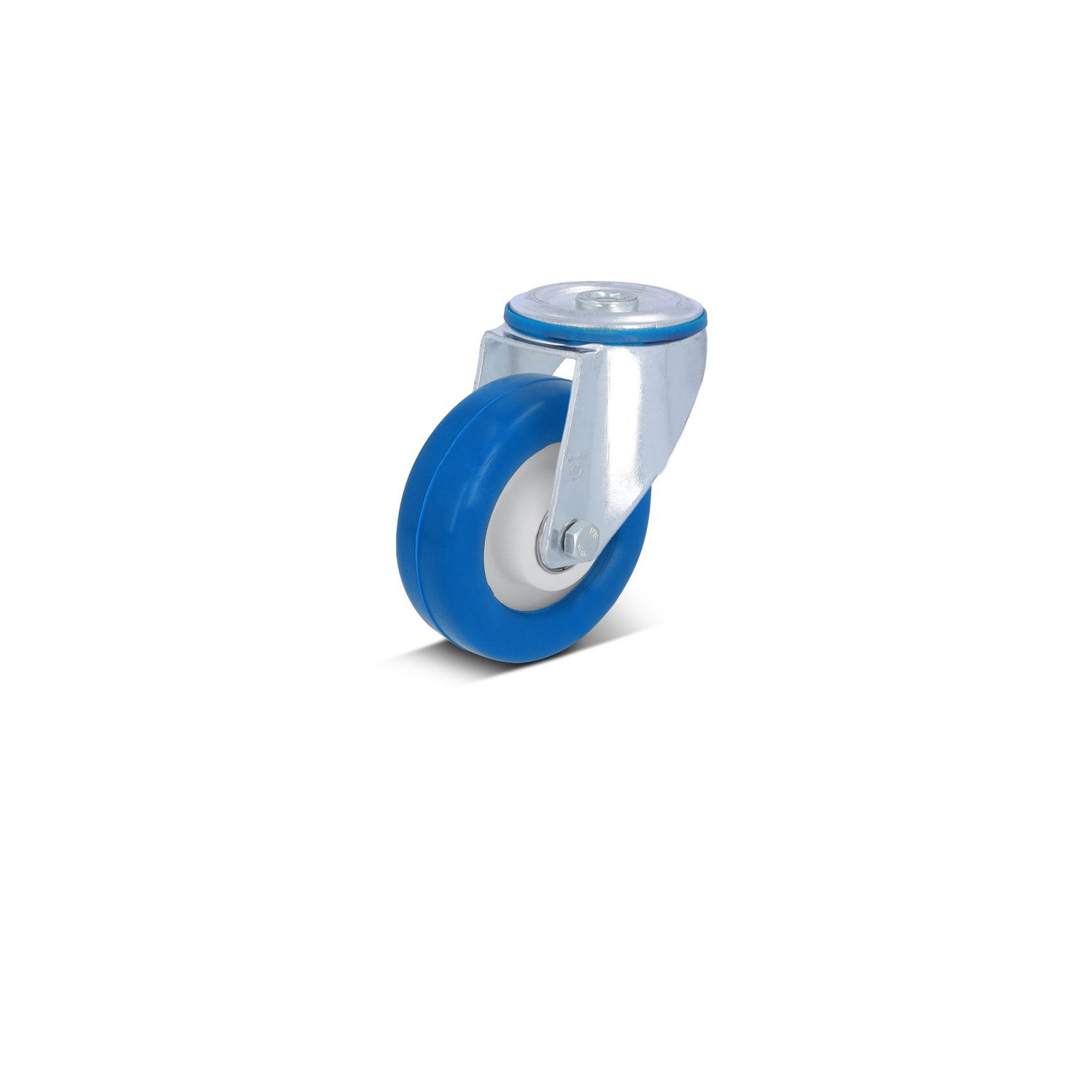 Een blauwe zwenkwiel met een metalen bevestigingsplaat. Het wiel heeft een witte binnenkant en is gemaakt van duurzaam materiaal, ideaal voor industriële toepassingen. Achtergrond is zwart.