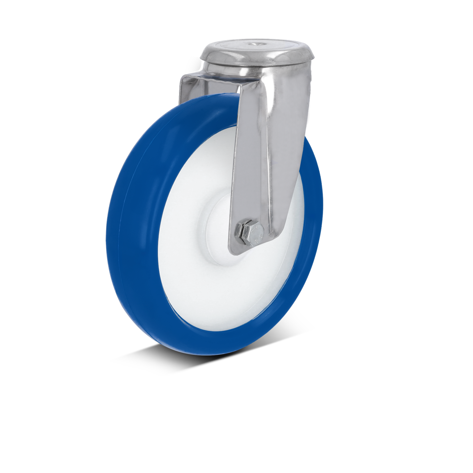A blue polyurethane wheel mounted on a shiny metal swivel bracket is featured. The wheel has a white inner rim and a smooth surface, designed for maneuverability in industrial settings.