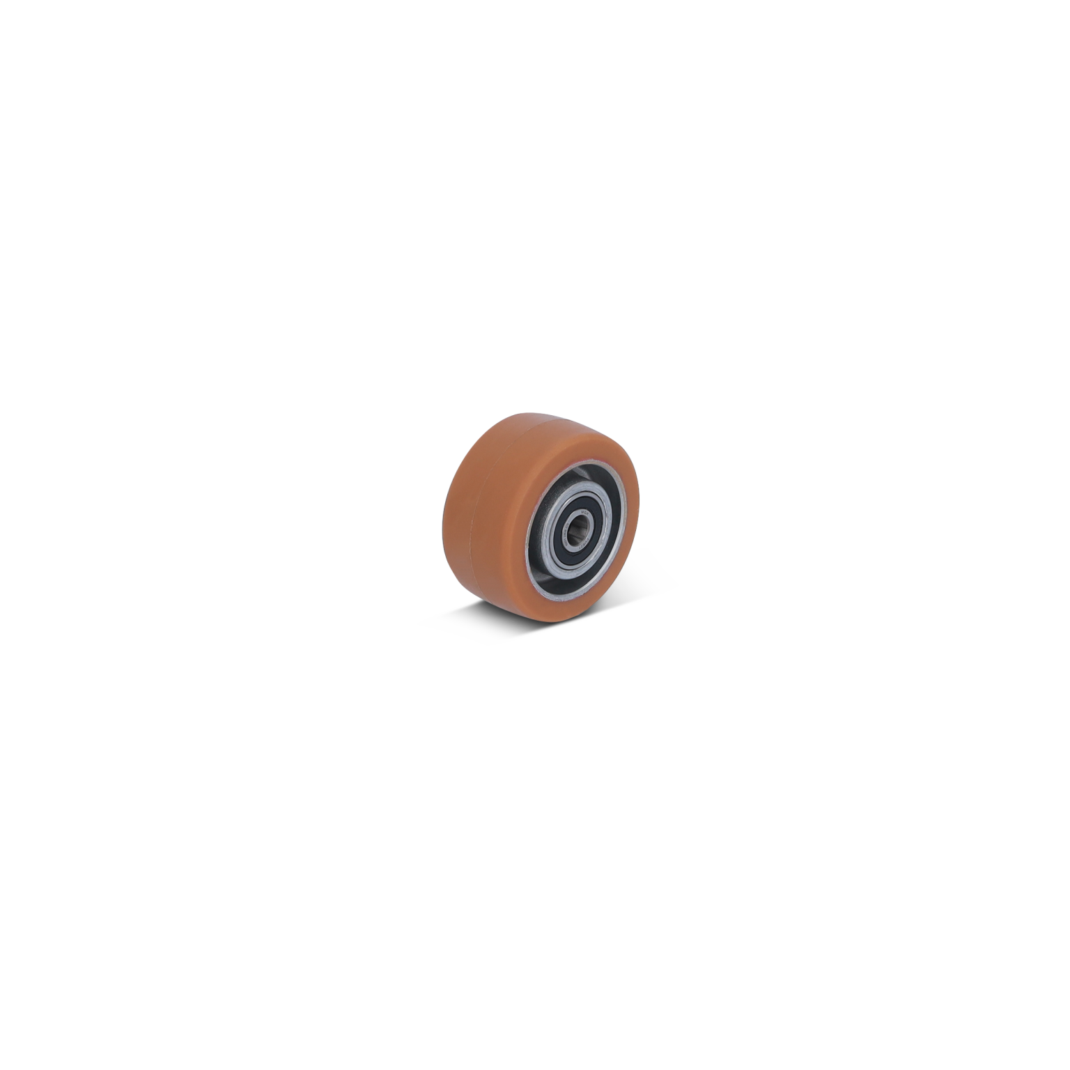 Rond rubber wiel met een metalen lager in het midden. Het wiel heeft een oranje kleur en is gepositioneerd tegen een onduidelijke, egale achtergrond, vermoedelijk voor industrieel gebruik.