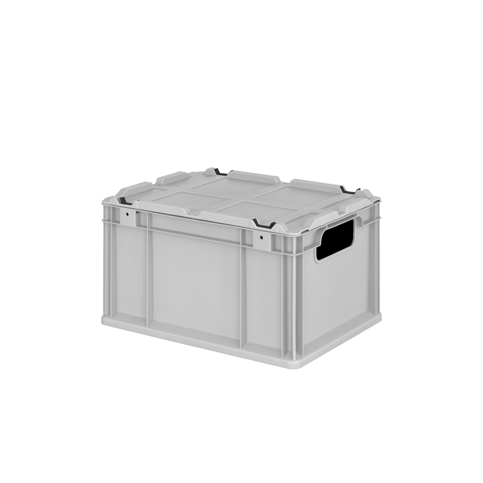 A rectangular, gray plastic storage crate with cut-out handles is positioned upright. Features include a sturdy construction and a flat lid, suitable for organizing materials in industrial settings.