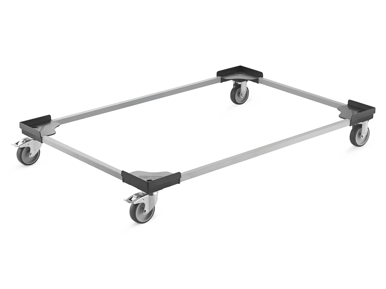A rectangular transport trolley frame features four castors at each corner, made of metal with a sleek silver finish. It is designed for moving heavy loads in industrial settings.