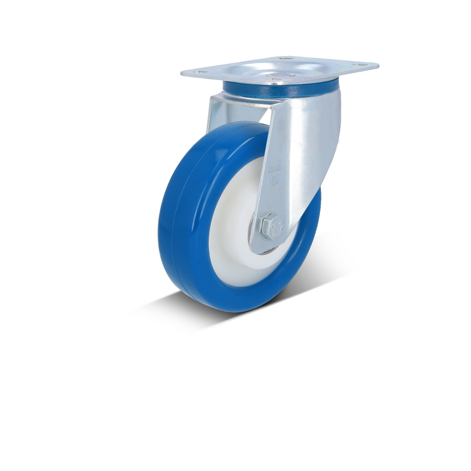 Een blauwe rubberen wieltje met een witte binnenzijde is bevestigd aan een metalen montageplaat. Het wieltje is ontworpen voor gebruik in intralogistiek en staat los op een neutrale achtergrond.