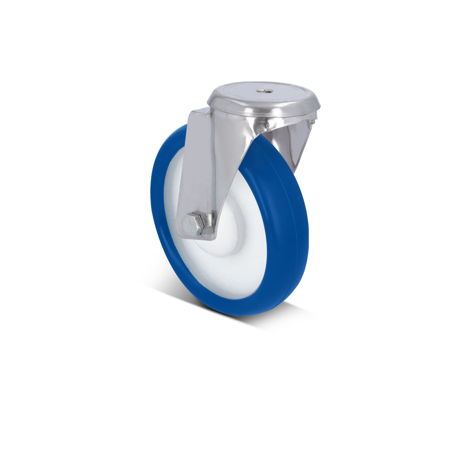 Blauwe wiel met een metalen bevestigingsbeugel, gepositioneerd voor gebruik. Het wiel heeft een witte binnenrand en een glanzend, gepolijst uiterlijk. De achtergrond is zwart.
