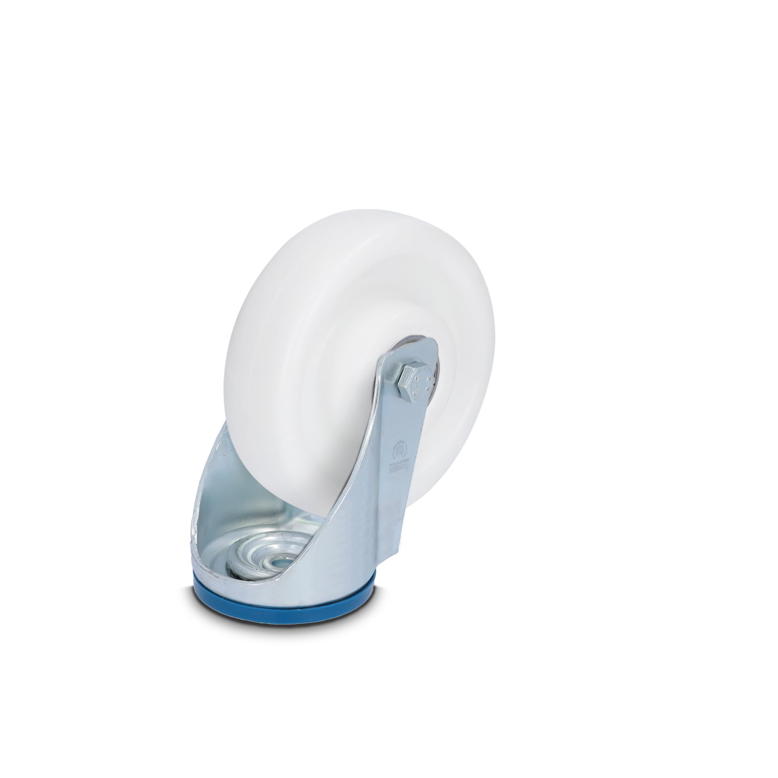 A white industrial wheel mounted on a metallic swivel bracket, featuring a hex bolt and a blue base. It’s positioned against a neutral background, emphasizing its functional design for material handling.