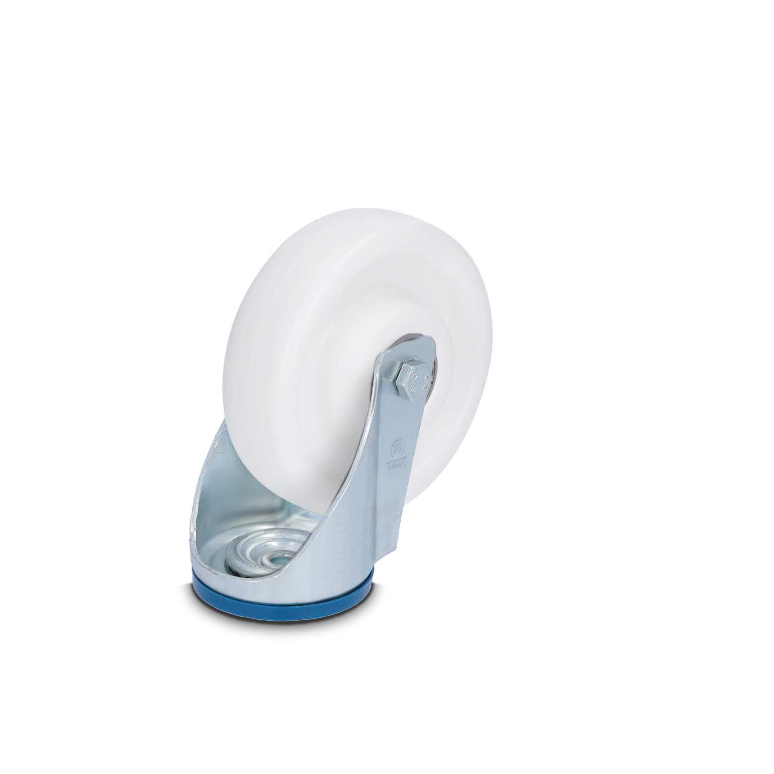 A white industrial wheel mounted on a metallic swivel bracket, featuring a hex bolt and a blue base. It’s positioned against a neutral background, emphasizing its functional design for material handling.