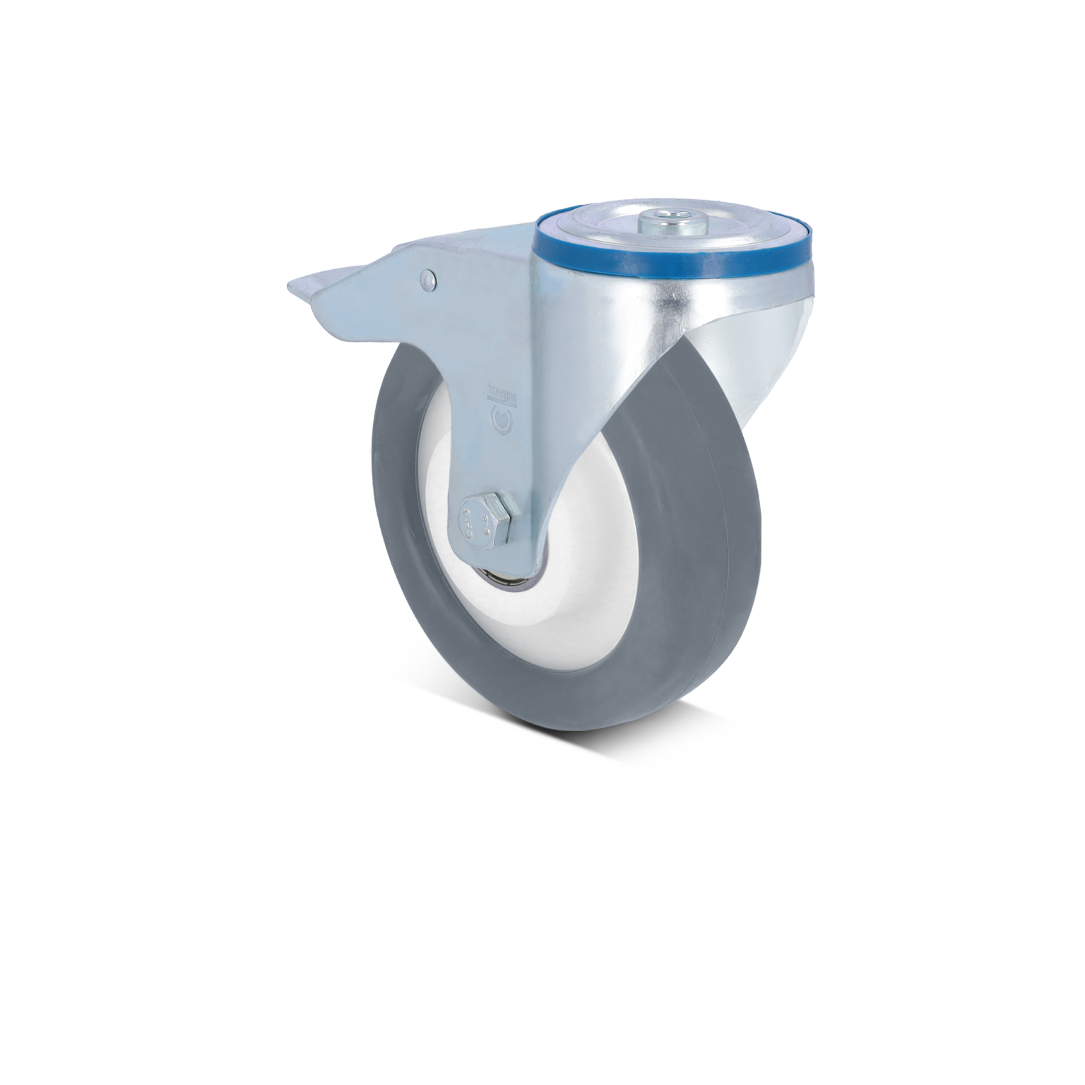 A gray rubber wheel with a white core is mounted on a metallic swivel bracket. The wheel features a blue rim, and the bracket includes a fastening bolt. The background is plain.