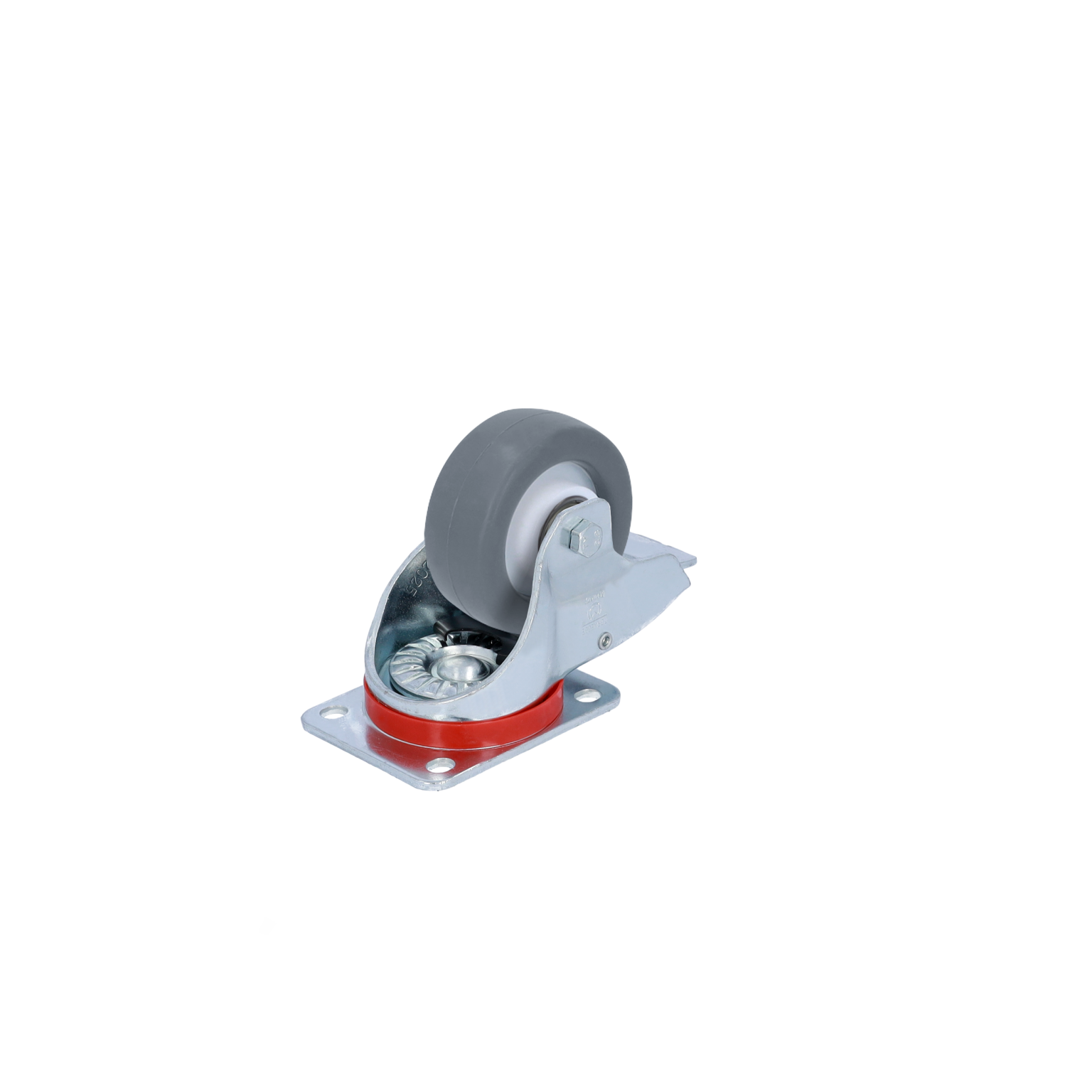 A grey rubber wheel mounted on a metal swivel bracket with a red base features a ball bearing for smooth rotation. It is positioned against a plain background.