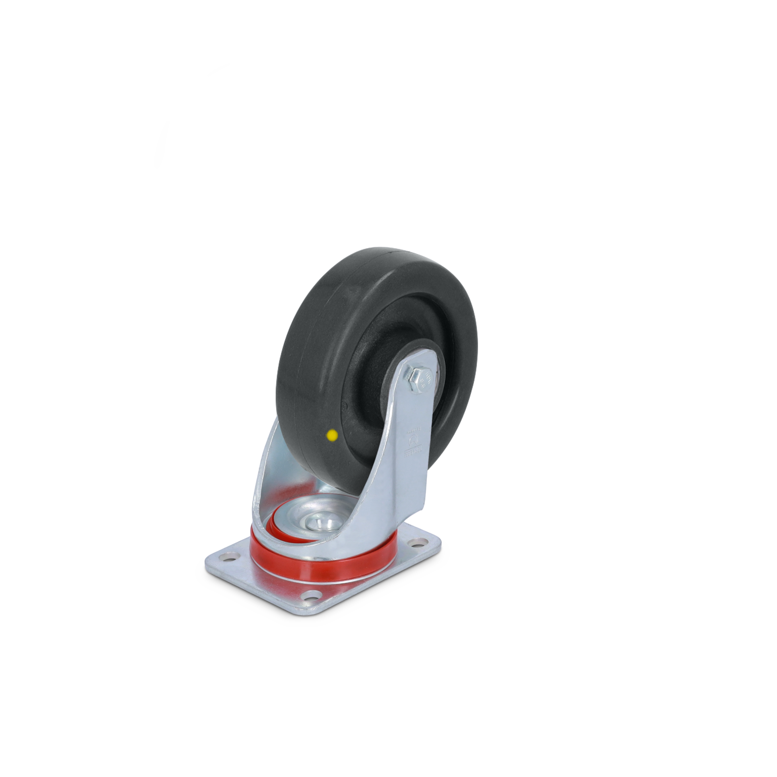 Rubber wheel mounted on a metal swivel castor with a red accent ring. The metal base plate has multiple mount holes for installation. The background is plain and neutral.