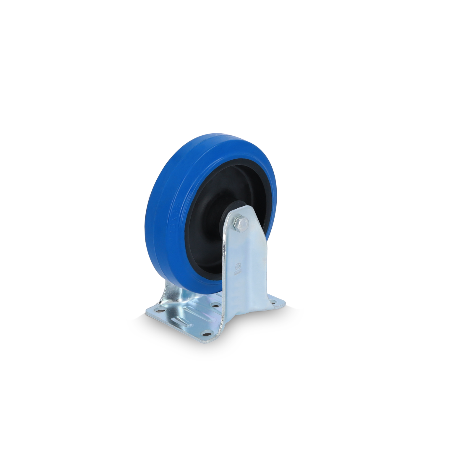 A blue industrial wheel features a rubber tread and a black center, mounted on a silver metal bracket. The bracket has four holes for secure attachment. It is positioned against a blank background.