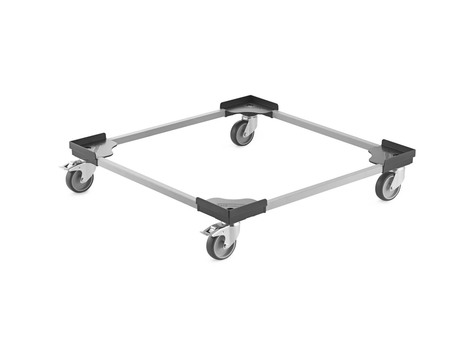 A square transport dolly features four swivel castors attached to a metal frame. The frame is lightweight and designed for easy maneuverability in logistics environments, set against a neutral background.