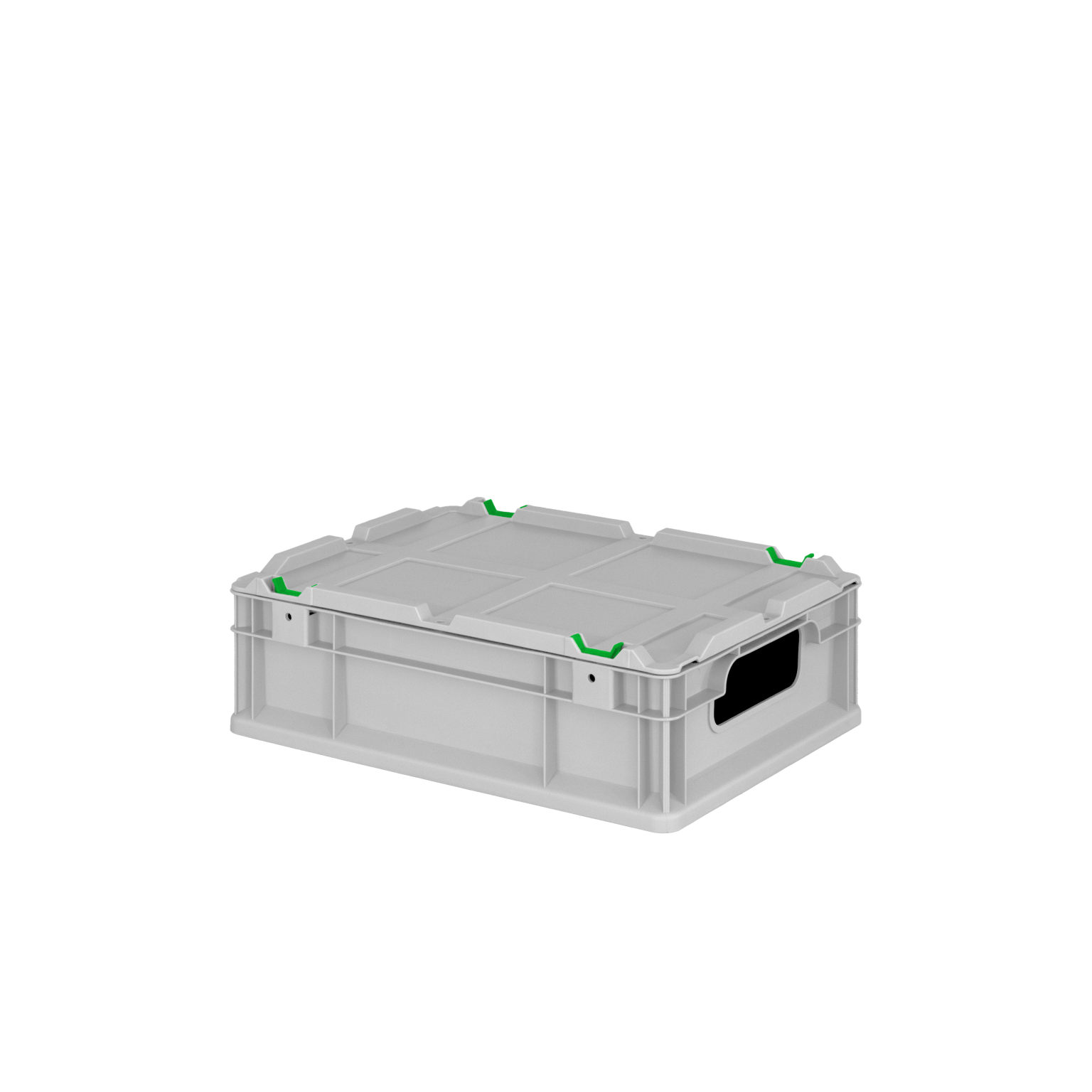 Transparente, rechteckige Kunststoffbox mit grünen Griffen an den Ecken und einer offenen Seite. Sie ist auf einer neutralen, schwarzen Fläche platziert und eignet sich für Lager- und Transportzwecke.