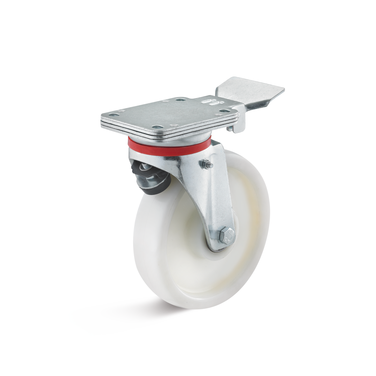 A swivel castor features a white wheel with a metal mounting plate. The wheel is equipped with a locking mechanism and a red rubber ring, set against a blank background.
