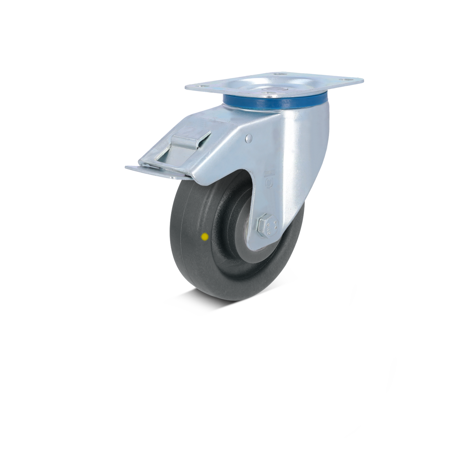 A swivel castor with a grey rubber wheel mounts to a flat metal plate. It features a brake lever on the side, positioned against a neutral background, typical for industrial use.
